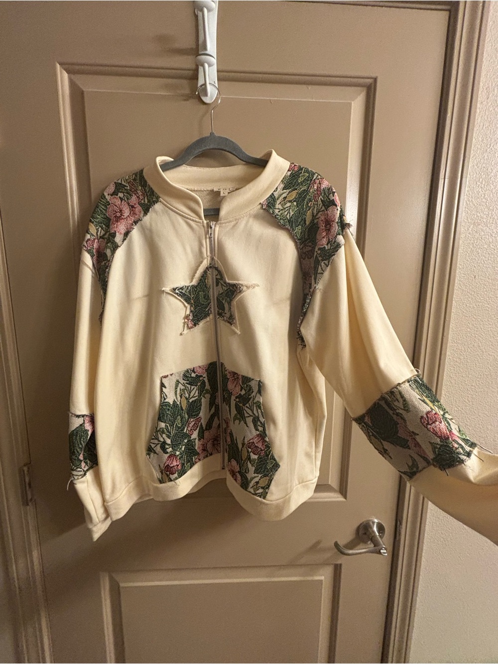 POL Cream Zip Front Sweatshirt with Floral Patchwork